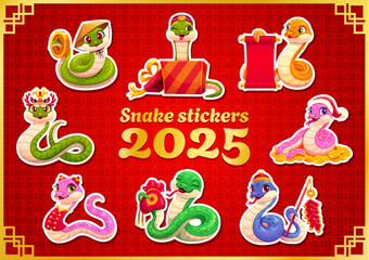 Wall Mural - 2025 Chinese lunar year cartoon snake characters, funny reptile personages. Cute cartoon serpents wearing festive hats and holding traditional Asian items. Oriental zodiac and horoscope happy animals