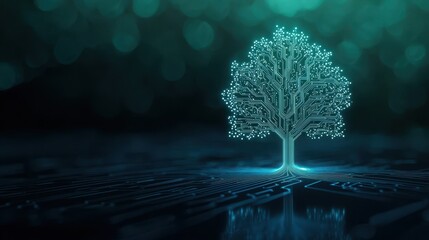 Glowing tree with circuit-like branches illuminated against a dark background