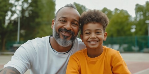 Wall Mural - A man and a boy are smiling at the camera. The boy is wearing an orange shirt