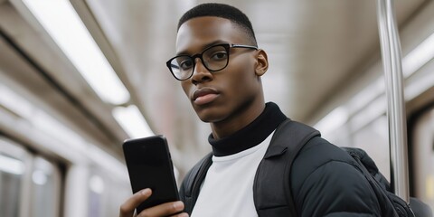 Wall Mural - A man wearing glasses is holding a cell phone. He is standing on a subway platform. Concept of modern technology and urban life