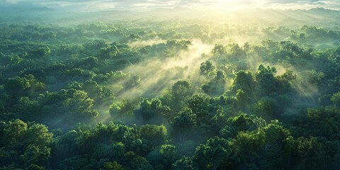  Aerial Sunrise Rainforest Canopy Lush Green Trees Mist Sunlight