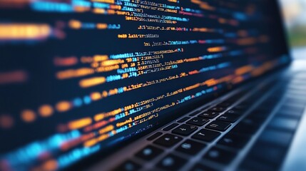 Close-up of a laptop screen displaying lines of colorful code.