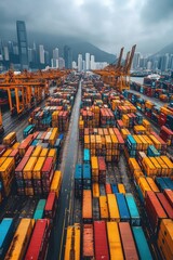 Wall Mural - Aerial View of Vibrant Shipping Containers in Bustling Port with City Skyline and Mountains in the Background