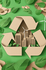 Wall Mural - Recycling Symbol with Buildings and Green Leaves – Save Planet and Energy Concept