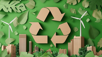 Wall Mural - Recycling Symbol with Buildings and Green Leaves – Save Planet and Energy Concept