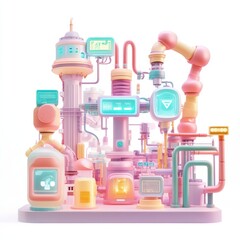 Colorful futuristic factory with pipes and machinery on a white isolated background.