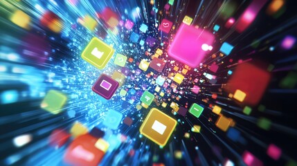 Colorful app icons exploding in a digital burst.