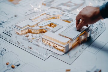Poster - A hand interacts with a detailed architectural model of a modern building design.