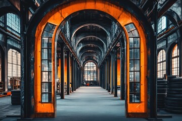Aufkleber - A vast industrial space with arched windows and illuminated orange accents.