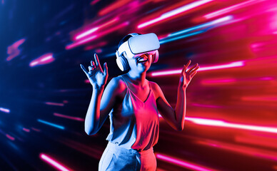 Sticker - Smart female standing surrounded by neon light wearing VR headset connecting metaverse, future cyberspace community technology. Elegant woman enjoy dancing wavering body and sing song. Hallucination.