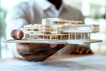 Leinwandbilder - A person holds a detailed architectural model, showcasing design and planning concepts.