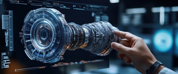 Fototapete - A futuristic interface displaying a 3D mechanical component being manipulated.