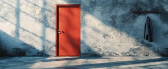 Leinwandbilder - A vibrant red door against a textured wall, with a coat hanging nearby, creating a minimalist scene.