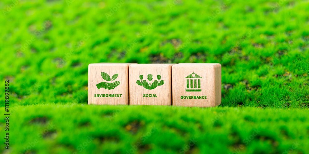 Green ESG icon on wooden block. Environmental, social and governance ...