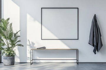 Aufkleber - A minimalist interior with a bench, plant, and blank frame on a bright wall.