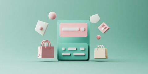 Aufkleber - A 3D illustration of shopping elements and a checkout interface.