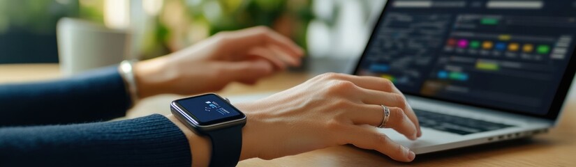 Aufkleber - A person typing on a laptop while wearing a smartwatch.
