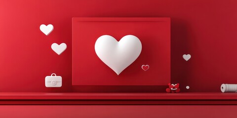 Leinwandbilder - A minimalist design featuring a large heart and playful elements on a vibrant red background.