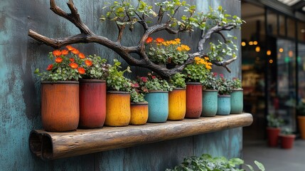 Wall Mural - Colorful potted plants on rustic wooden shelf with branch art.