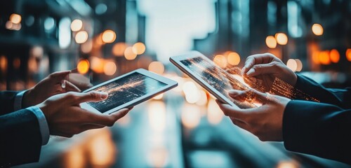 Leinwandbilder - Two hands holding tablets in a cityscape, sharing digital information.