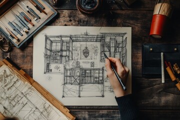 Poster - A person sketching architectural designs on paper, surrounded by drawing tools.