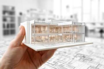 Aufkleber - A hand holds a detailed architectural model of a modern building.