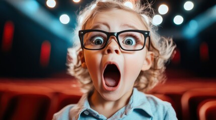 a young child with wide eyes and an open mouth sits in a theater, displaying an expression of amazem