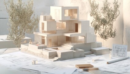 Leinwandbilder - Architectural model showcasing a modern design with blueprints and natural elements.