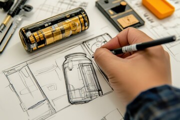Poster - A hand sketches a jar on paper, surrounded by drawing tools and a decorative object.
