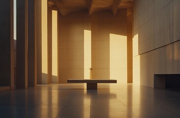 Poster - A minimalist interior space illuminated by warm light, featuring a central table and textured walls.