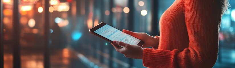 Aufkleber - A person holding a tablet with a graph display, illuminated by ambient lights.