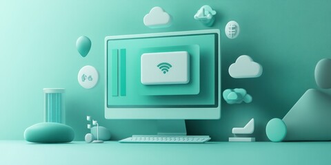 Aufkleber - A minimalist digital workspace featuring a computer and various tech-related icons.