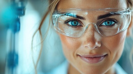 Wall Mural - close-up of a scientist wearing safety goggles, highlighting focused expression and professional att
