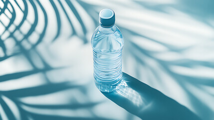 a water bottle on a light blue background with a sun shadow