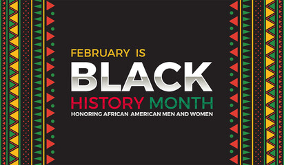 A black history month poster/ banner with a colorful design. The poster is black and white with a red, yellow and green border. The poster is titled 