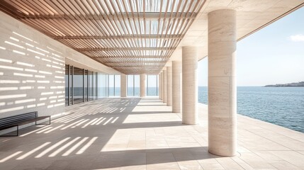 Leinwandbilder - Modern architectural space with columns and ocean view, featuring natural light and shadows.
