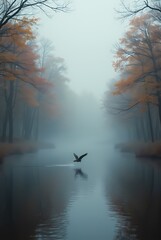Foggy morning, autumn forest, flying ducks