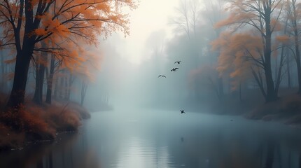 Foggy morning, autumn forest, flying ducks