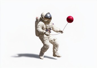 Fototapete - An astronaut holding a red balloon, floating in a minimalist white space.