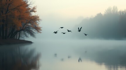 Foggy morning, autumn forest, flying ducks