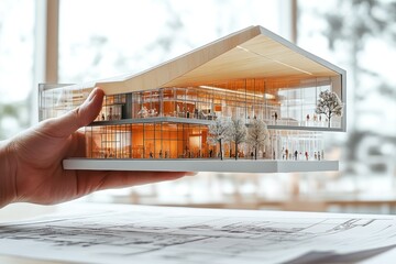 Poster - A hand holding a detailed architectural model of a modern building with trees and people.