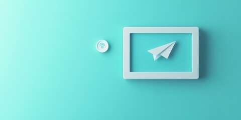 Aufkleber - A minimalist design featuring a paper airplane icon and a wireless signal symbol on a teal background.