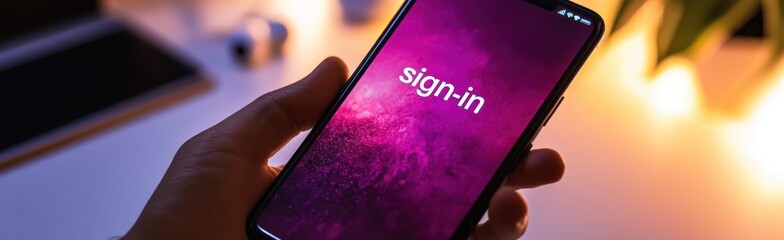 Poster - A hand holds a smartphone displaying a sign-in screen with a vibrant purple background.