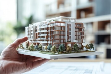 Poster - A hand holding a detailed architectural model of a modern apartment building.