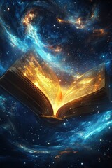 Wall Mural - Magical Open Book with Glowing Pages Floating in a Cosmic Galaxy with Stars and Nebulae