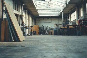 Aufkleber - A spacious industrial workshop with tools and materials scattered throughout.