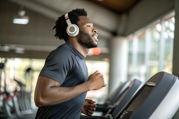 Handsome man in wireless headphones jogging on treadmill at gym and listening music while running, enjoying workout, copy space