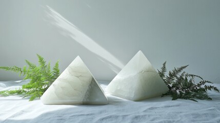 Poster - Two decorative pyramids beside ferns on a soft surface, creating a serene aesthetic.