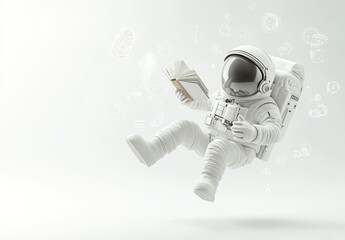 Poster - An astronaut floating in space, reading a book with whimsical illustrations around.