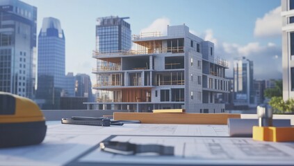 Poster - A construction site with blueprints and a developing building in an urban setting.